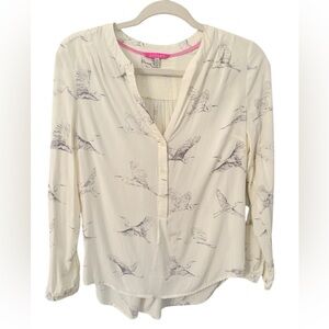 Joules Shirt Top Bird Print Popover Blouse Cream US 4 Split Neck Long Sleeve
